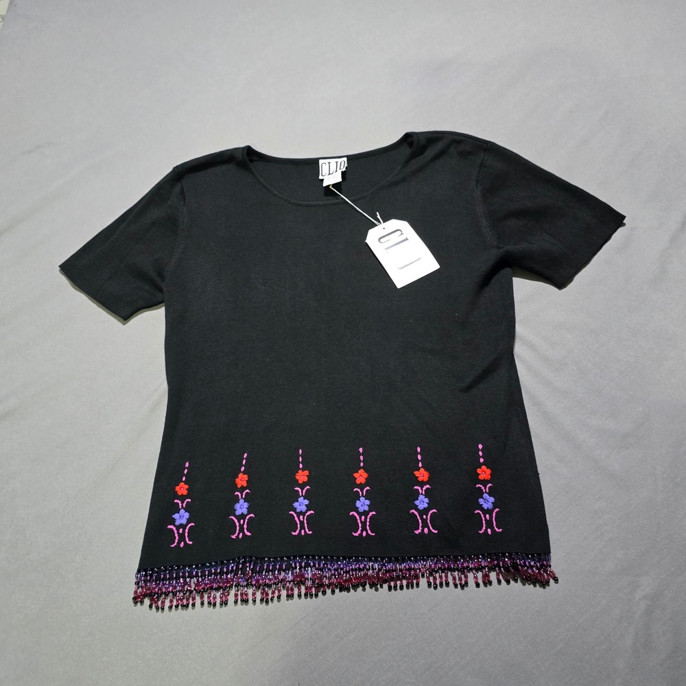 Vintage Clio Knit Top Women L Black Silk Cotton Beaded Fringe Floral Embroidery